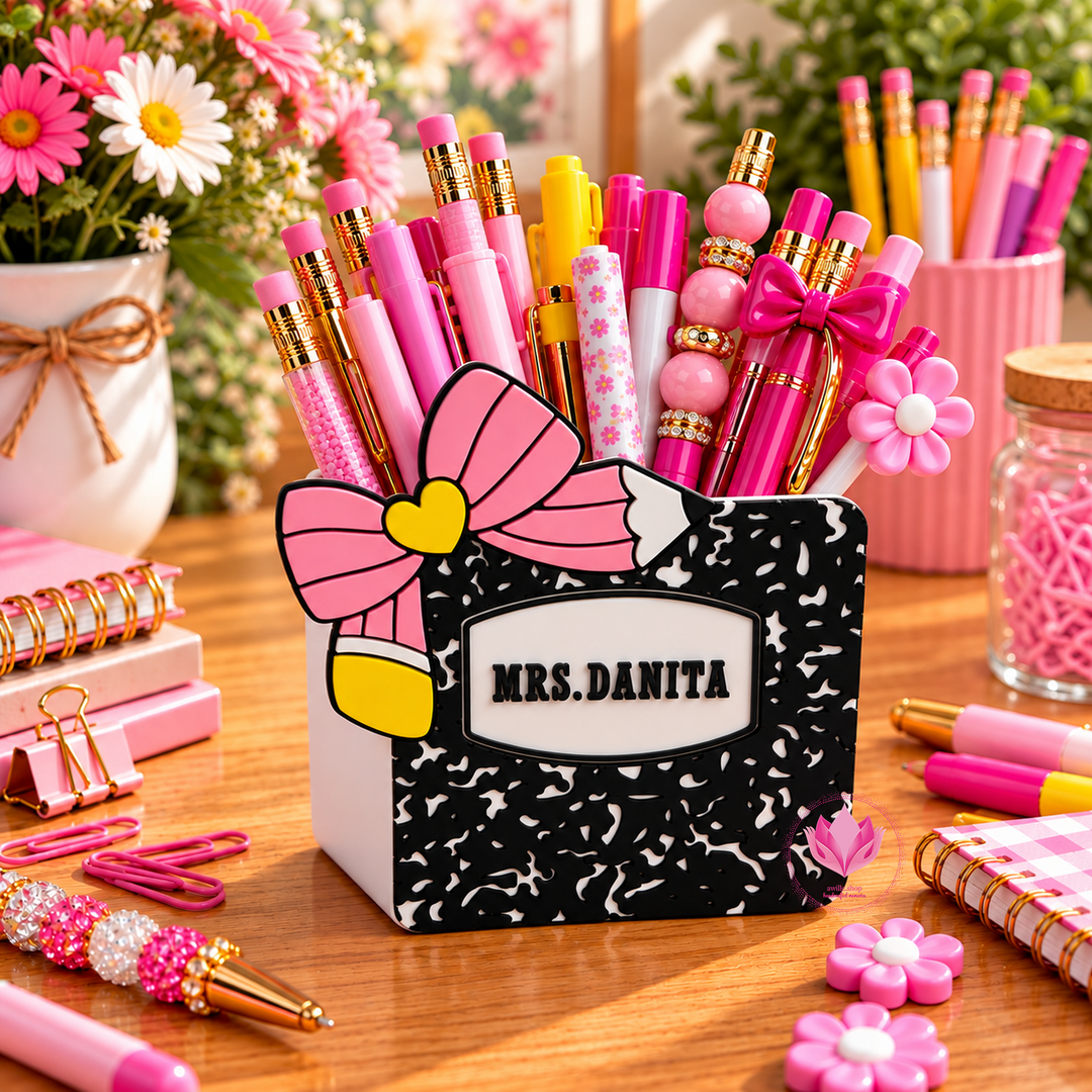 Personalized 3D printed composition notebook teacher box with custom name, bow and pencil accents.