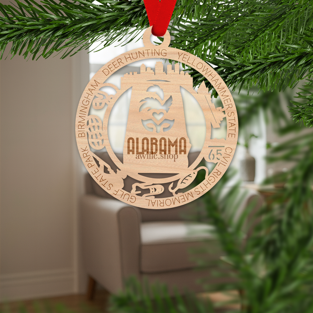Alabama state single layer wood ornament, laser engraved as a rustic keepsake gift