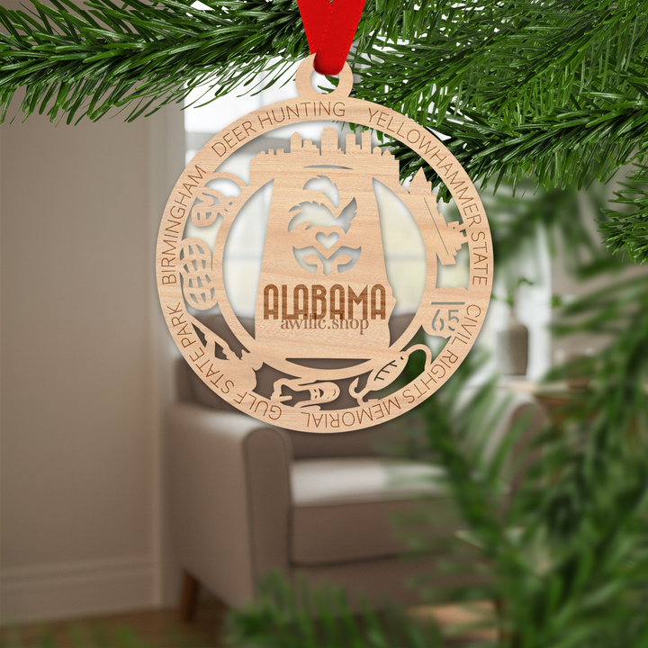 Alabama state single layer wood ornament, laser engraved as a rustic keepsake gift