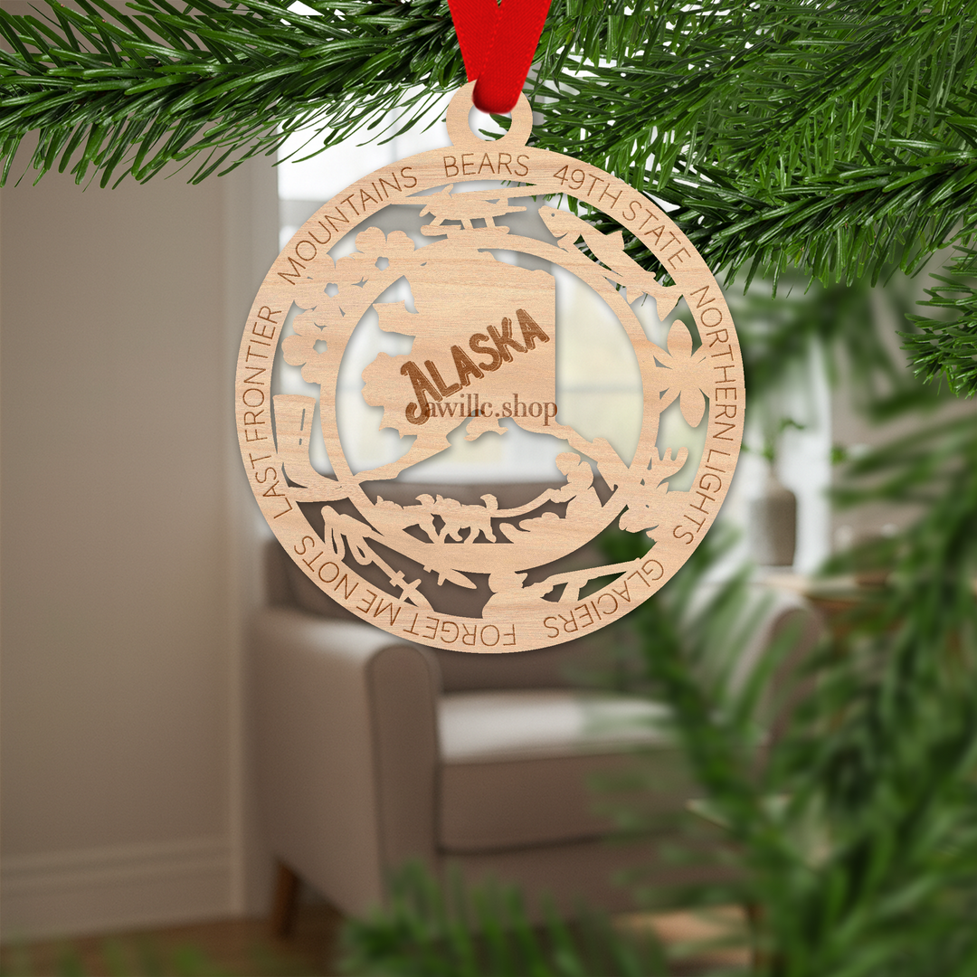 Alaska state single layer wood ornament, laser engraved as a rustic keepsake gift