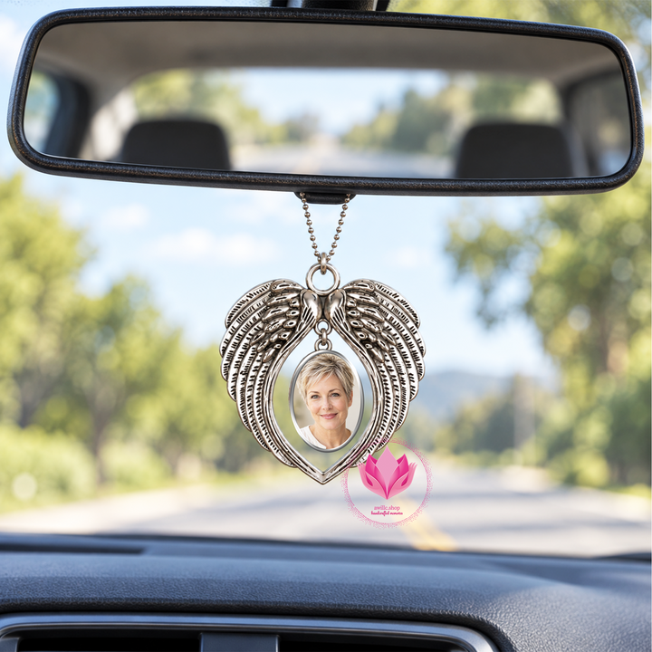 Silver-tone angel wing photo charm with a woman&