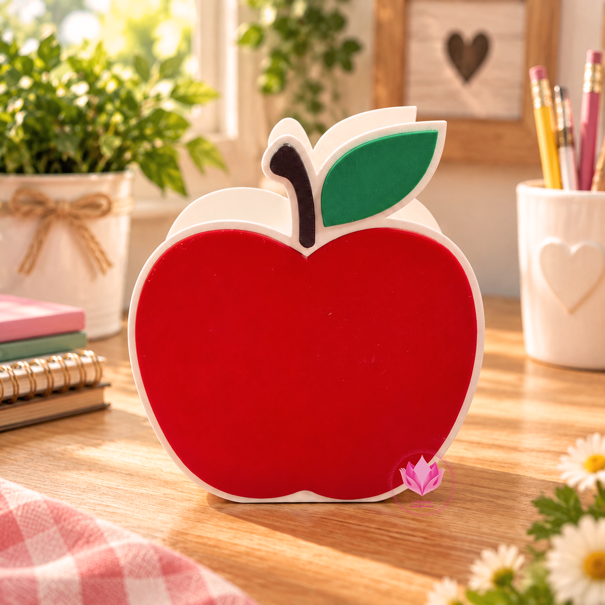 3D printed apple-shaped teacher box with red apple, green leaf, black stem and white border.