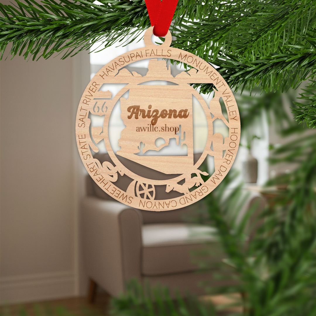 Arizona state single layer wood ornament, laser engraved as a rustic keepsake gift