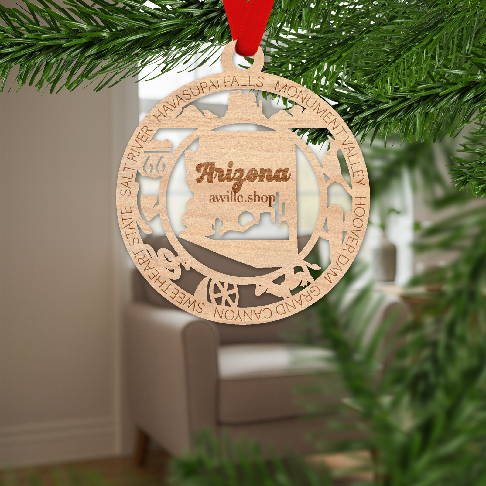 Arizona state single layer wood ornament, laser engraved as a rustic keepsake gift
