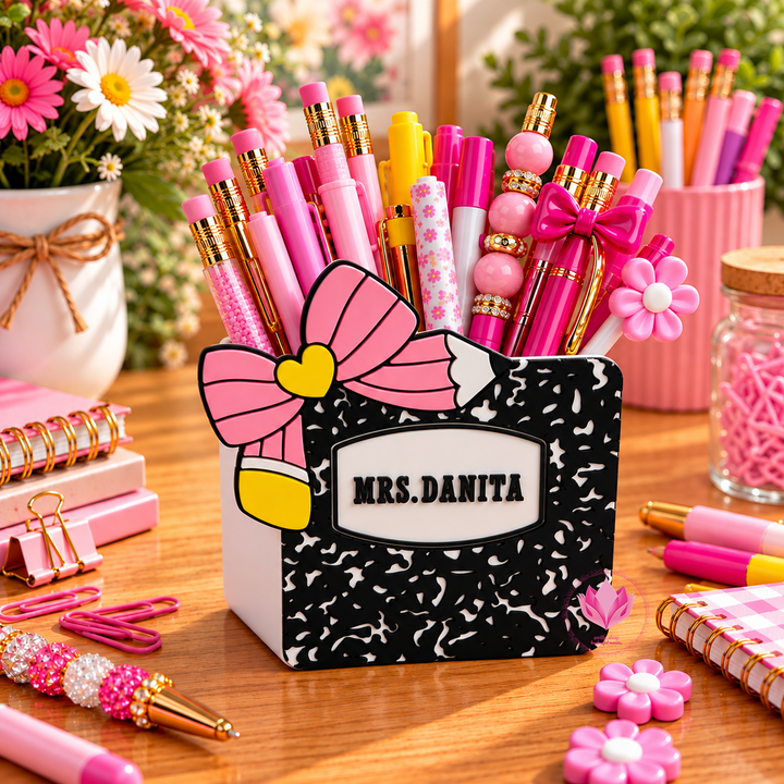Personalized 3D printed composition notebook teacher box with custom name, bow and pencil accents.
