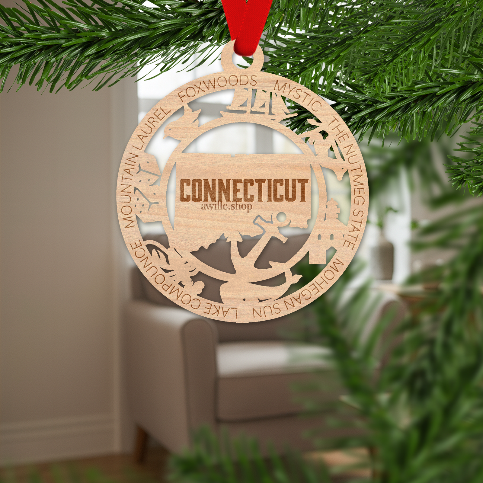 Connecticut state single layer wood ornament, laser engraved as a rustic keepsake gift
