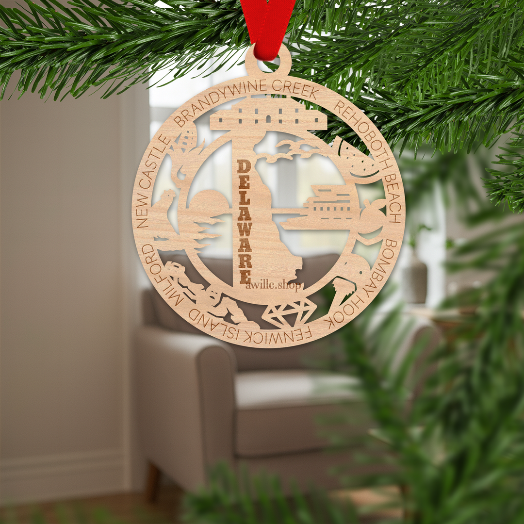 Delaware state single layer wood ornament, laser engraved as a rustic keepsake gift