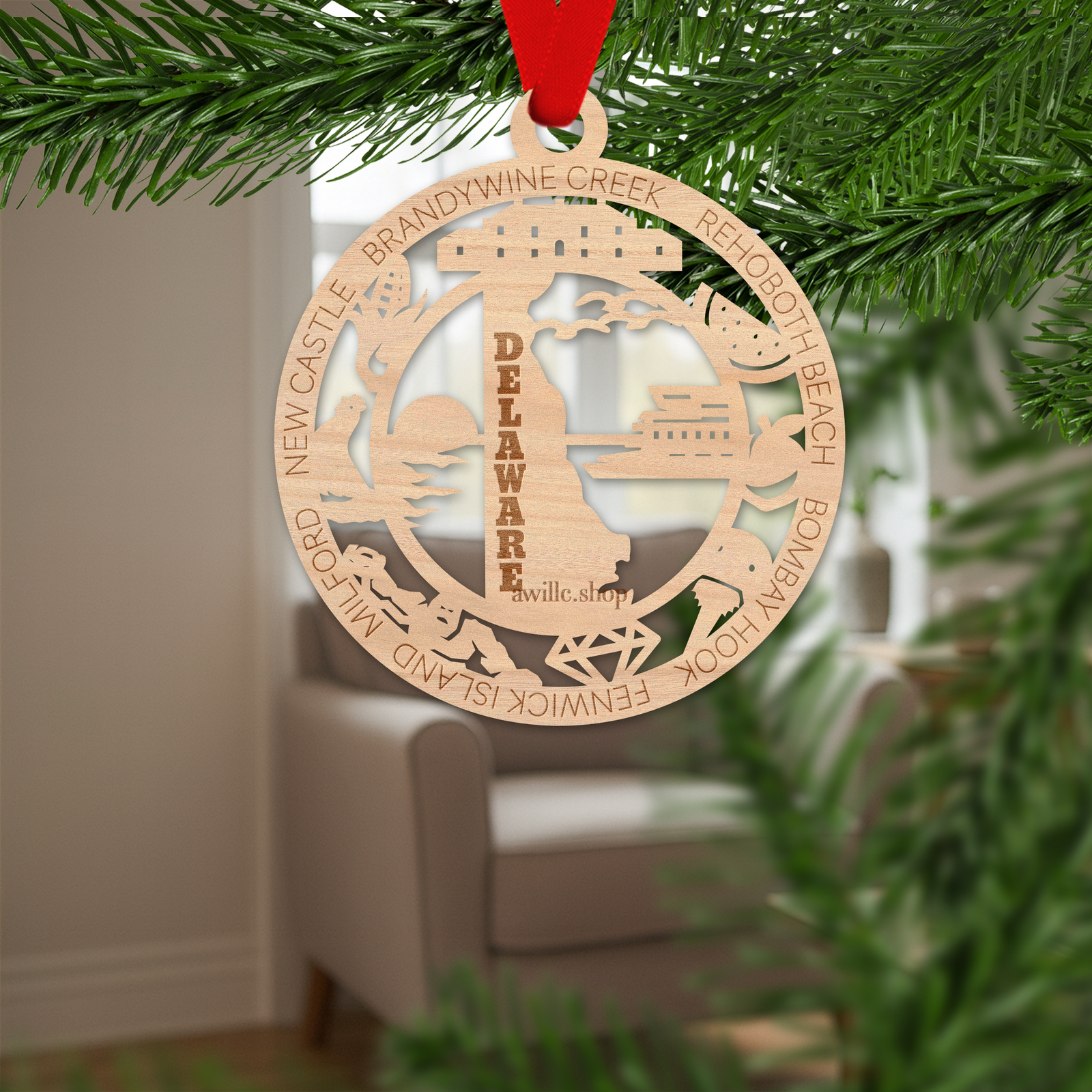 Delaware state single layer wood ornament, laser engraved as a rustic keepsake gift