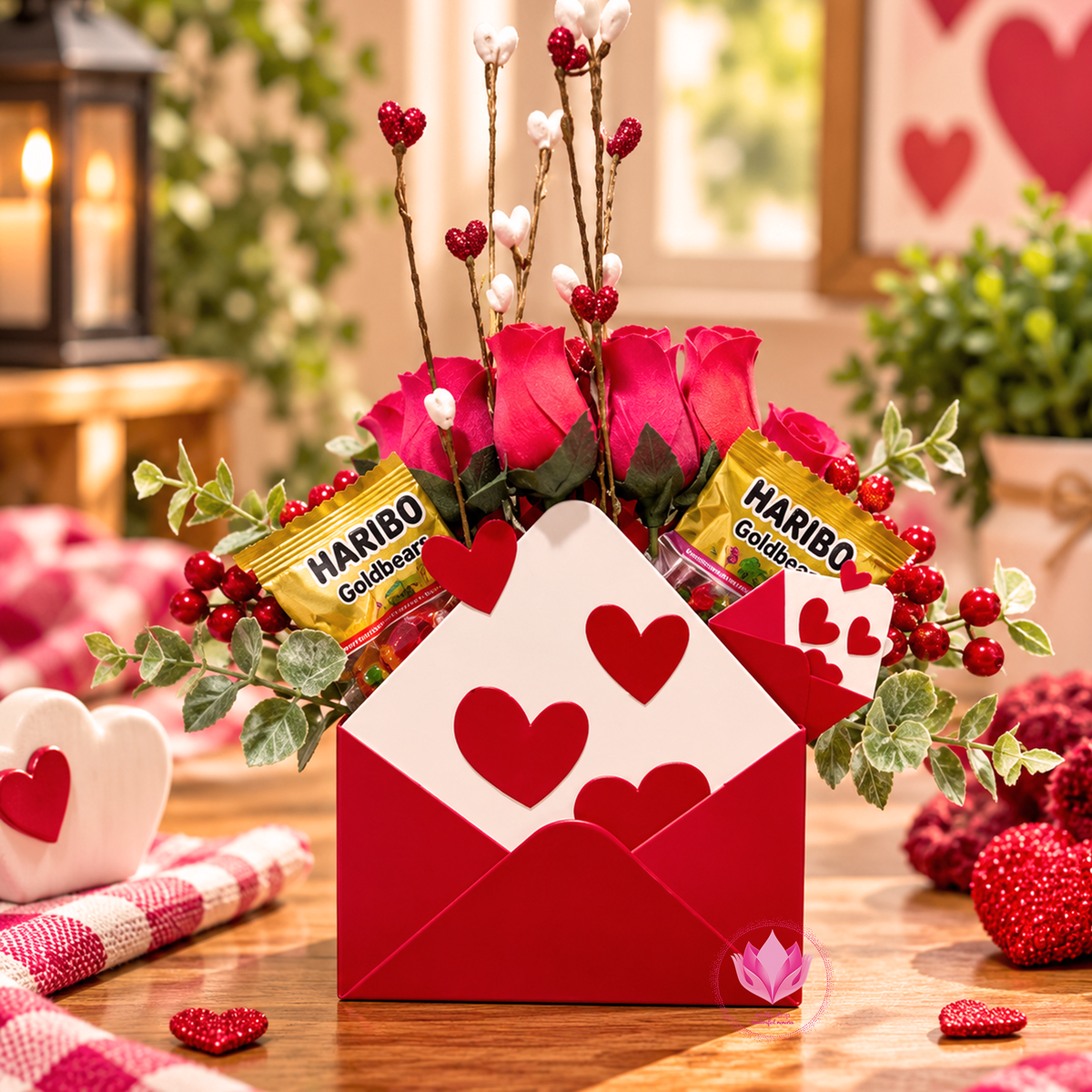 Red and white 3D printed heart envelope box featuring raised red hearts and Valentine-inspired design.