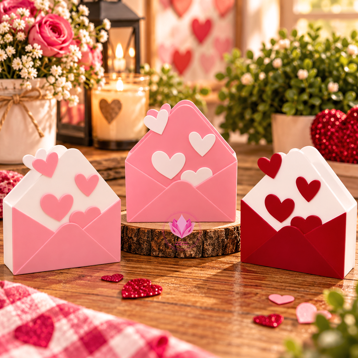 3D printed envelope-shaped storage box decorated with contrasting white hearts.
