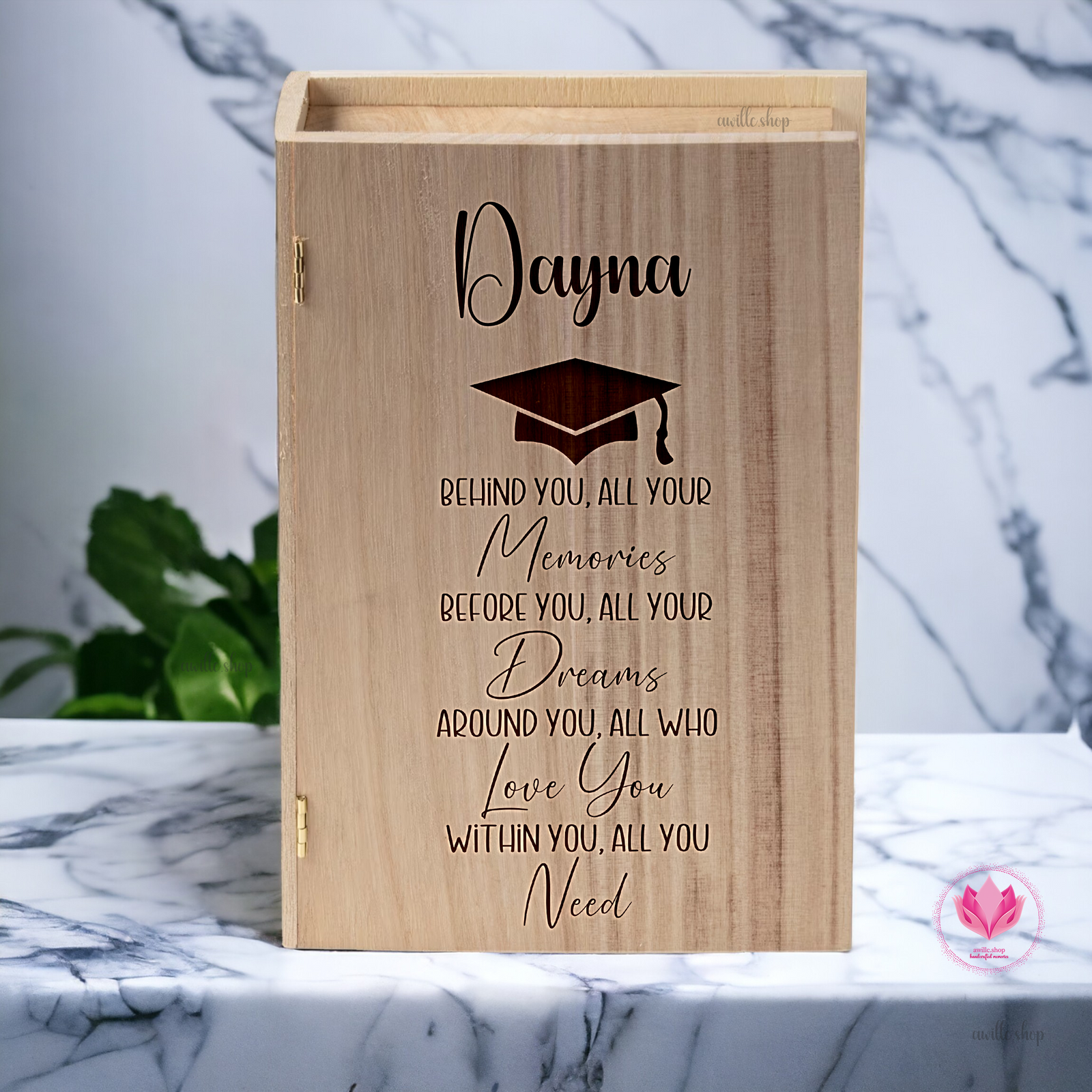 engraved graduation memory box, personalized wooden graduation box, engraved pine keepsake box, graduation storage box, custom engraved memory box, graduation gift box, engraved wooden book box