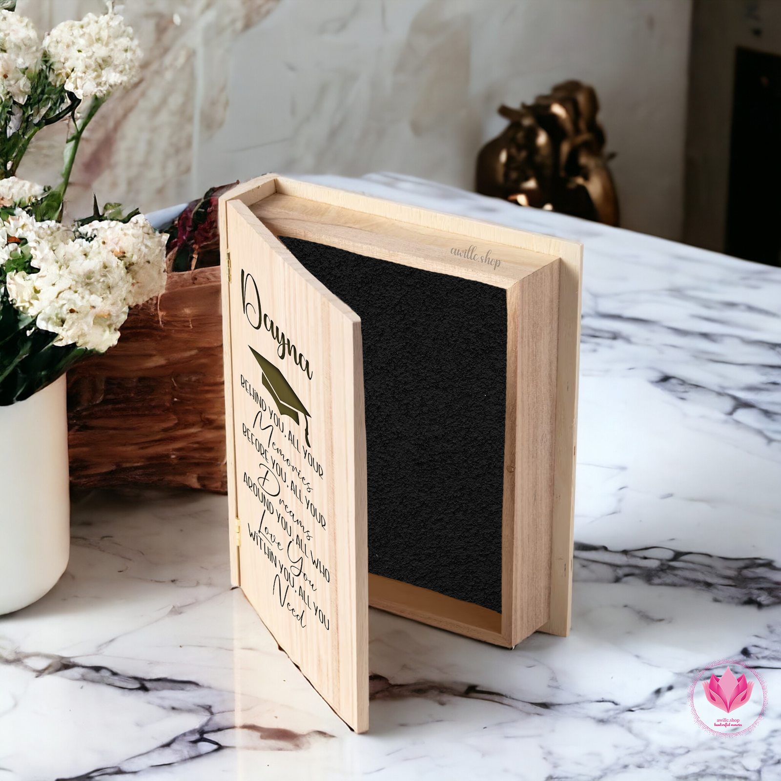 engraved graduation memory box, personalized wooden graduation box, engraved pine keepsake box, graduation storage box, custom engraved memory box, graduation gift box, engraved wooden book box