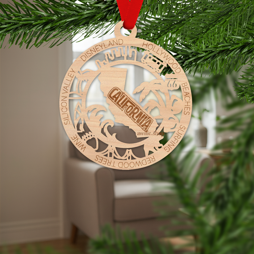 California Wood Ornament Engraved California State Ornament Rustic Christmas Keepsake California Gift West Coast Décor Travel Souvenir