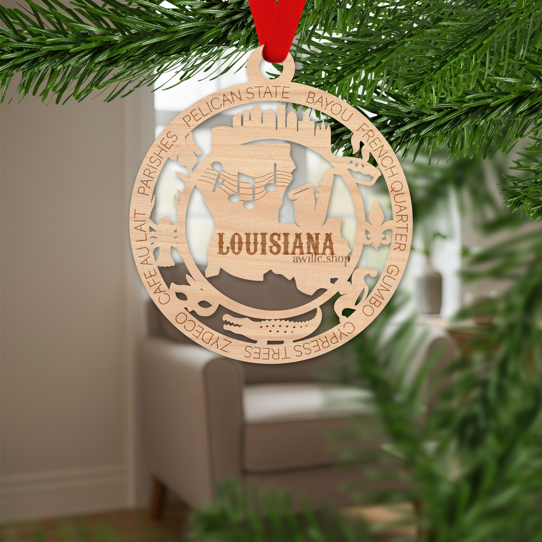 Louisiana Wood Ornament Engraved Louisiana State Ornament Bayou French Quarter Pelican State Rustic Christmas Gift LA Souvenir Décor