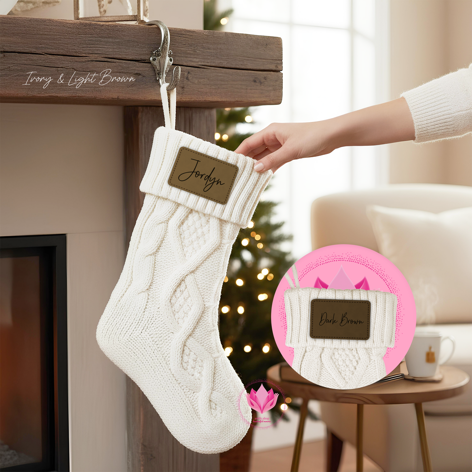 Ivory Christmas stocking with custom engraved faux-leather patch