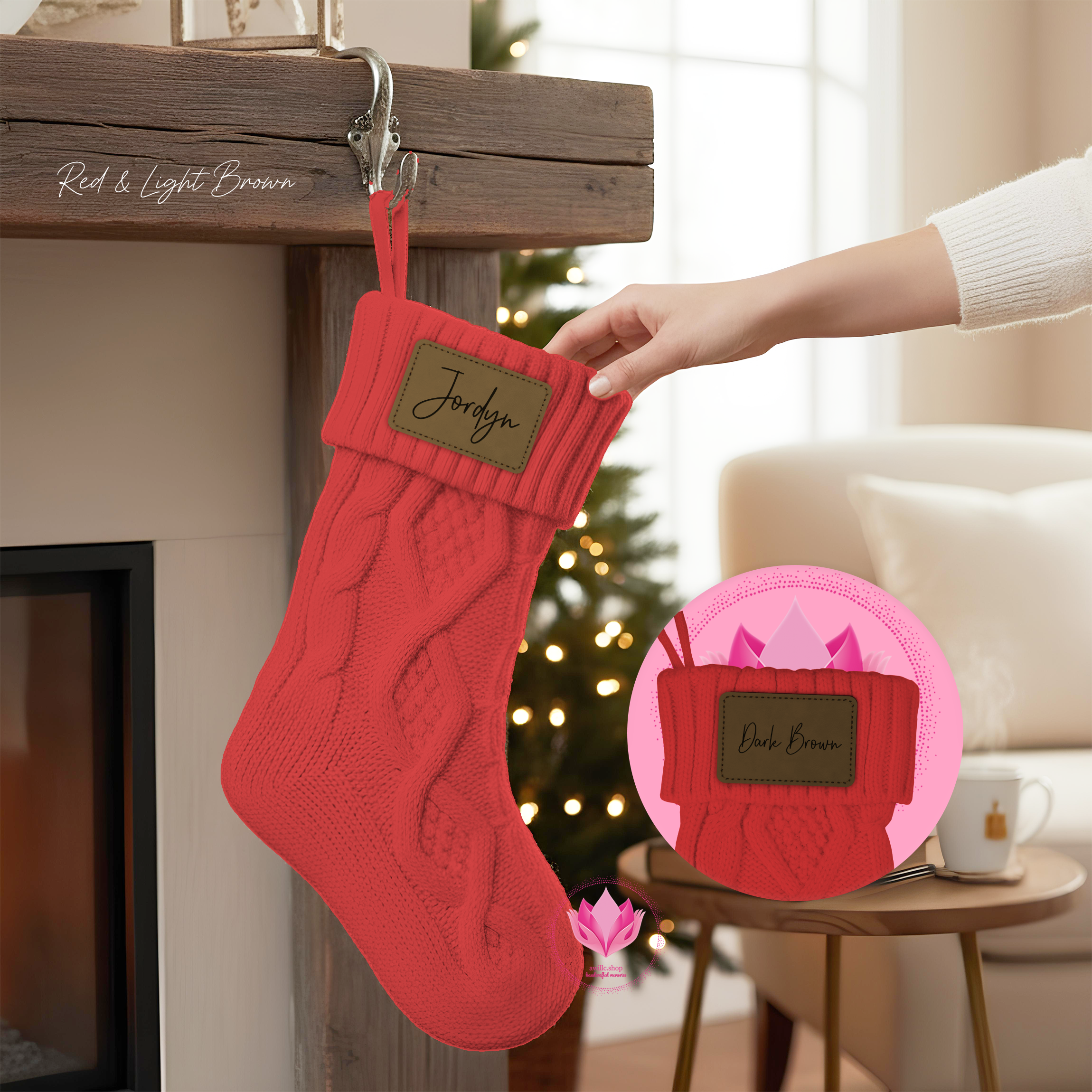 Red Christmas stocking with custom engraved faux-leather patch