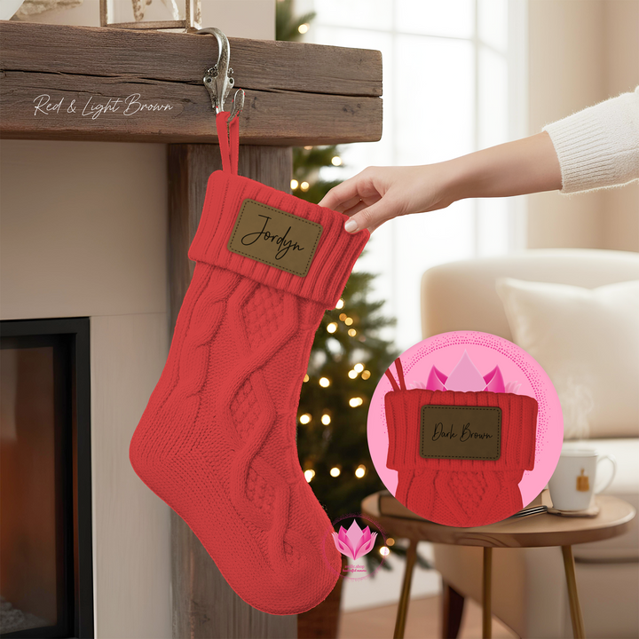 Red Christmas stocking with custom engraved faux-leather patch