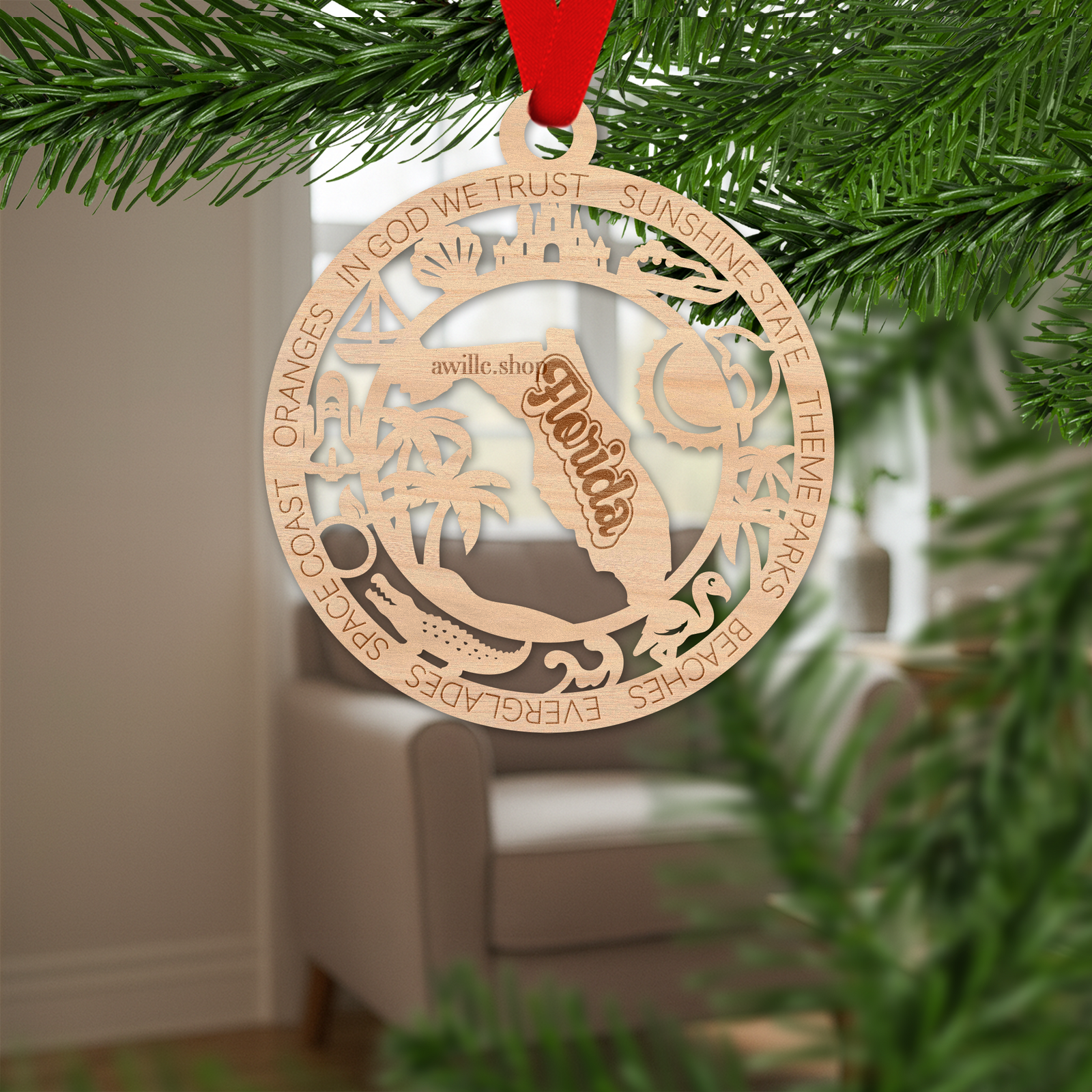 Florida state single layer wood ornament, laser engraved as a rustic keepsake gift