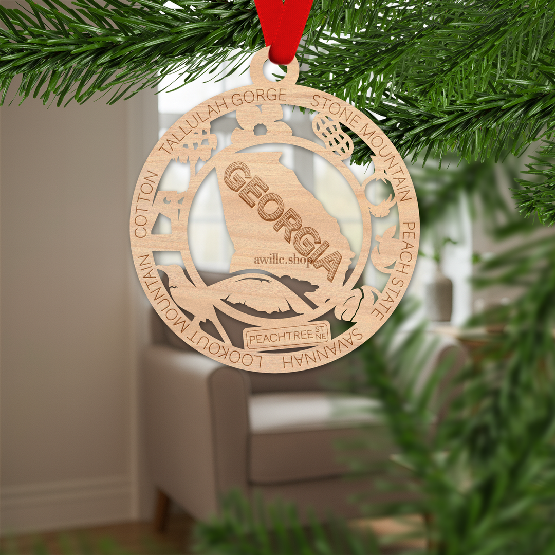 Georgia state single layer wood ornament, laser engraved as a rustic keepsake gift
