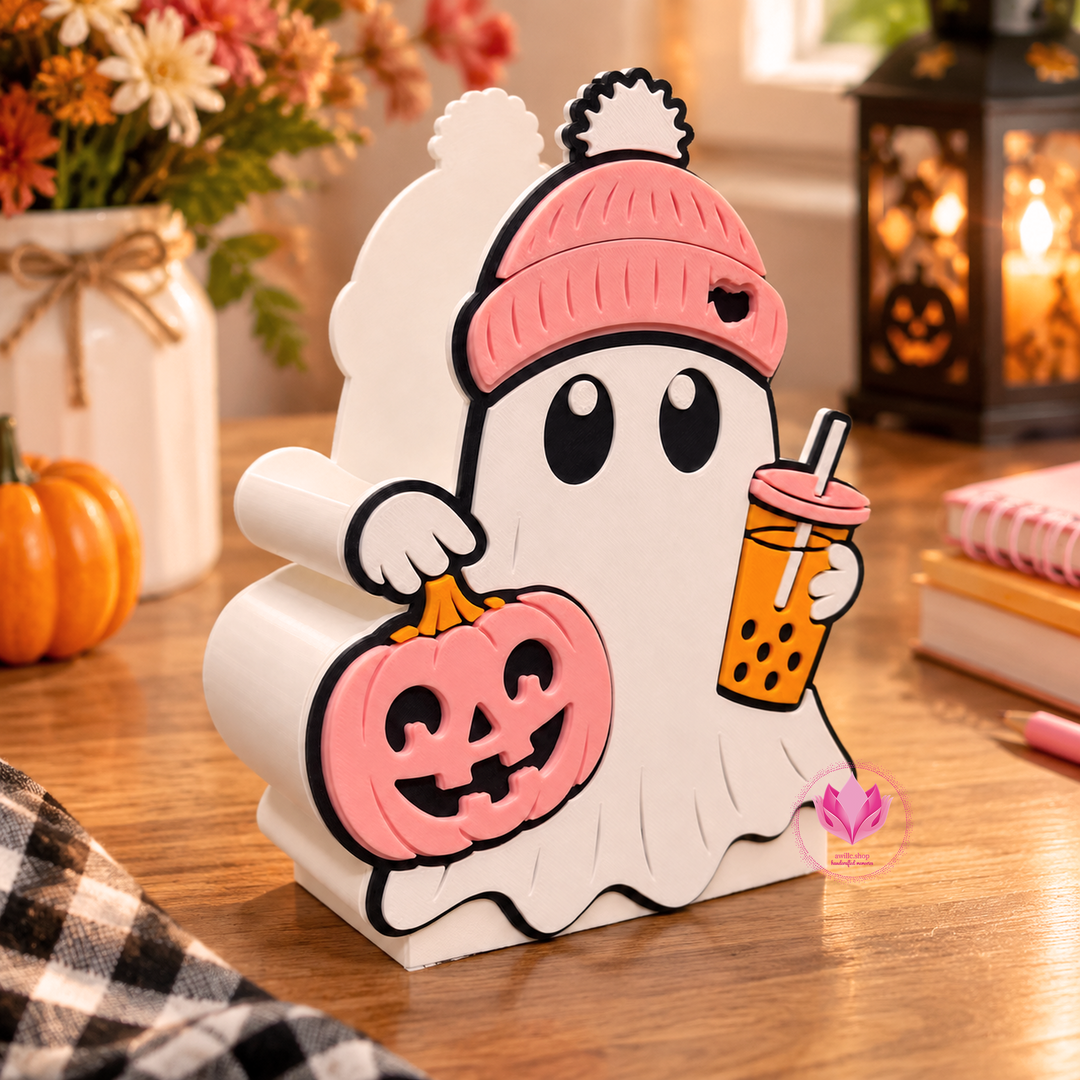 3D printed white ghost and orange pumpkin Halloween box with colorful bow accents.