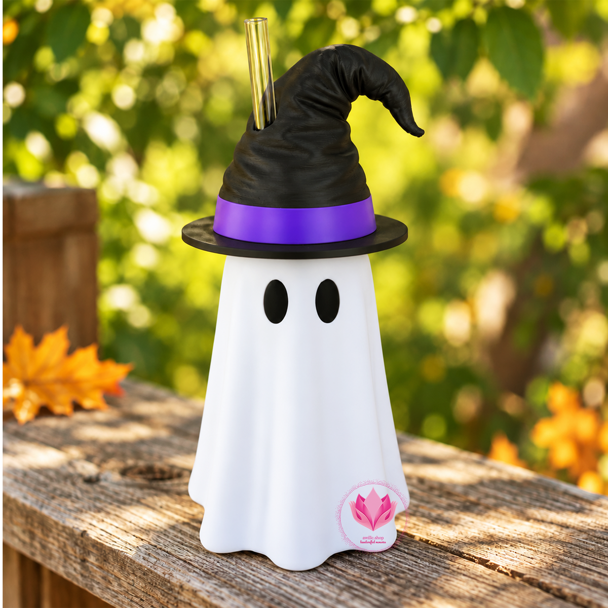 3D printed ghost slim can holder with matching witch hat and straw shown individually for Halloween.