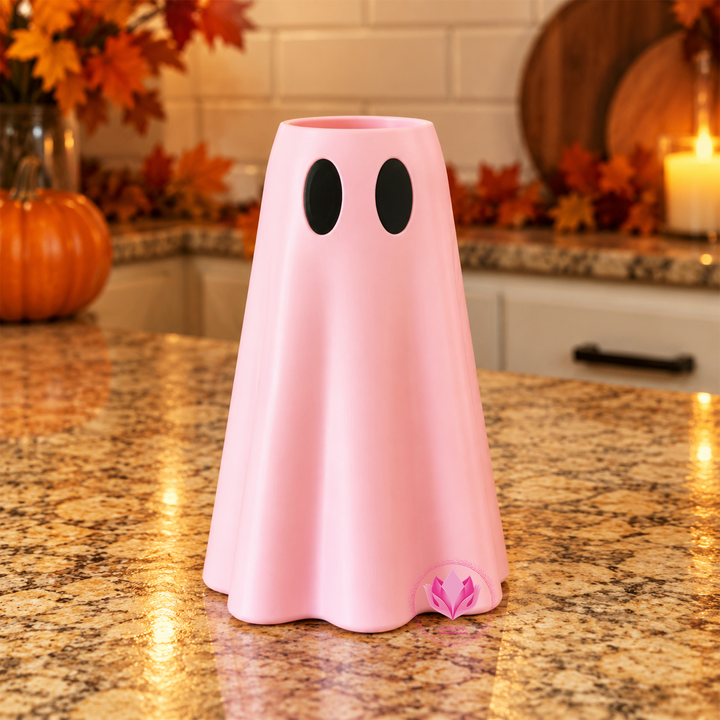 Pink 3D printed ghost slim can holder designed for 12 oz slim energy drink cans.