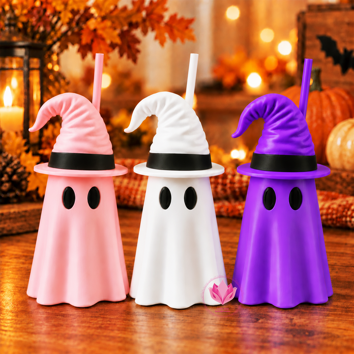 ink, white and purple 3D printed ghost drink holders with matching witch hats and straws displayed as a Halloween trio.