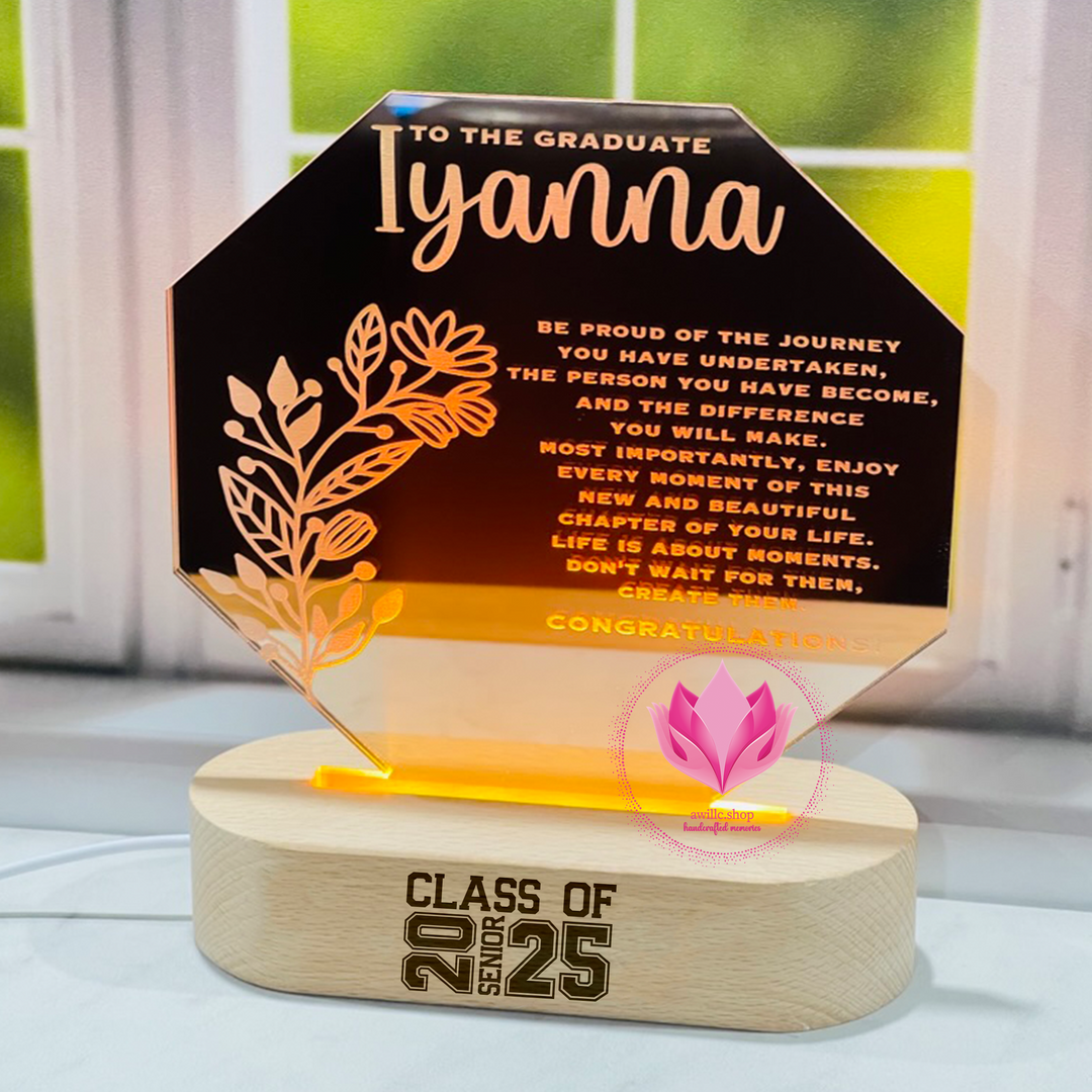 Engraved LED Graduation Sign with Engraved Wood Base