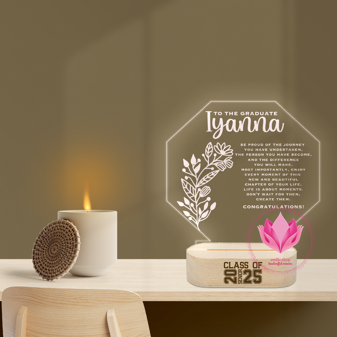Engraved LED Graduation Sign with Engraved Wood Base