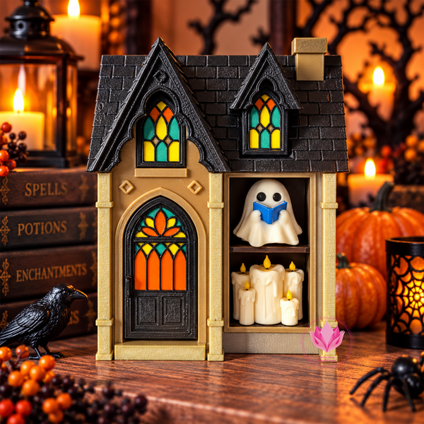 3D printed haunted house fidget clicker with five individual clickers and colorful Halloween details.