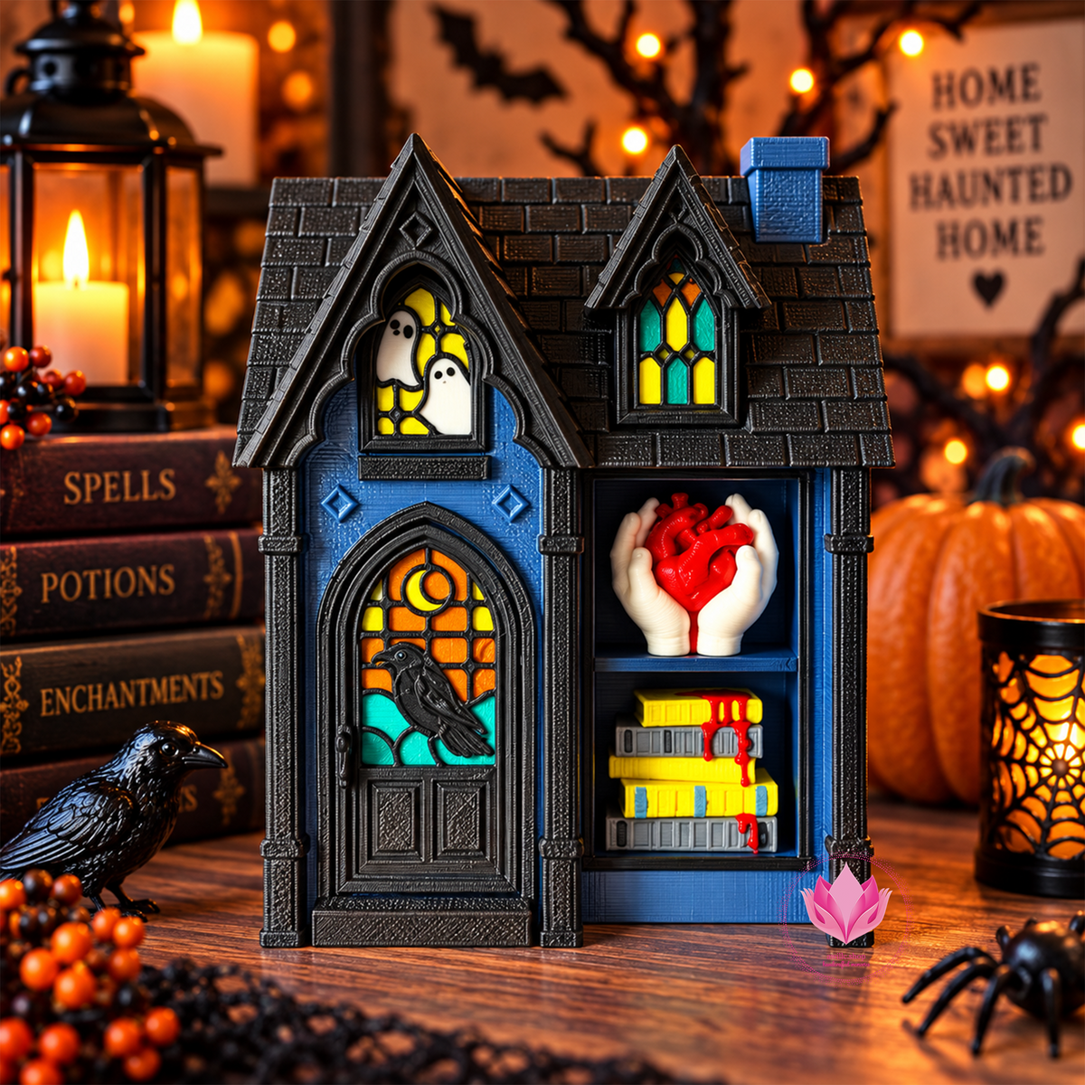 Detailed 3D printed haunted house display with Gothic windows, spooky accents and five tactile fidget clickers.