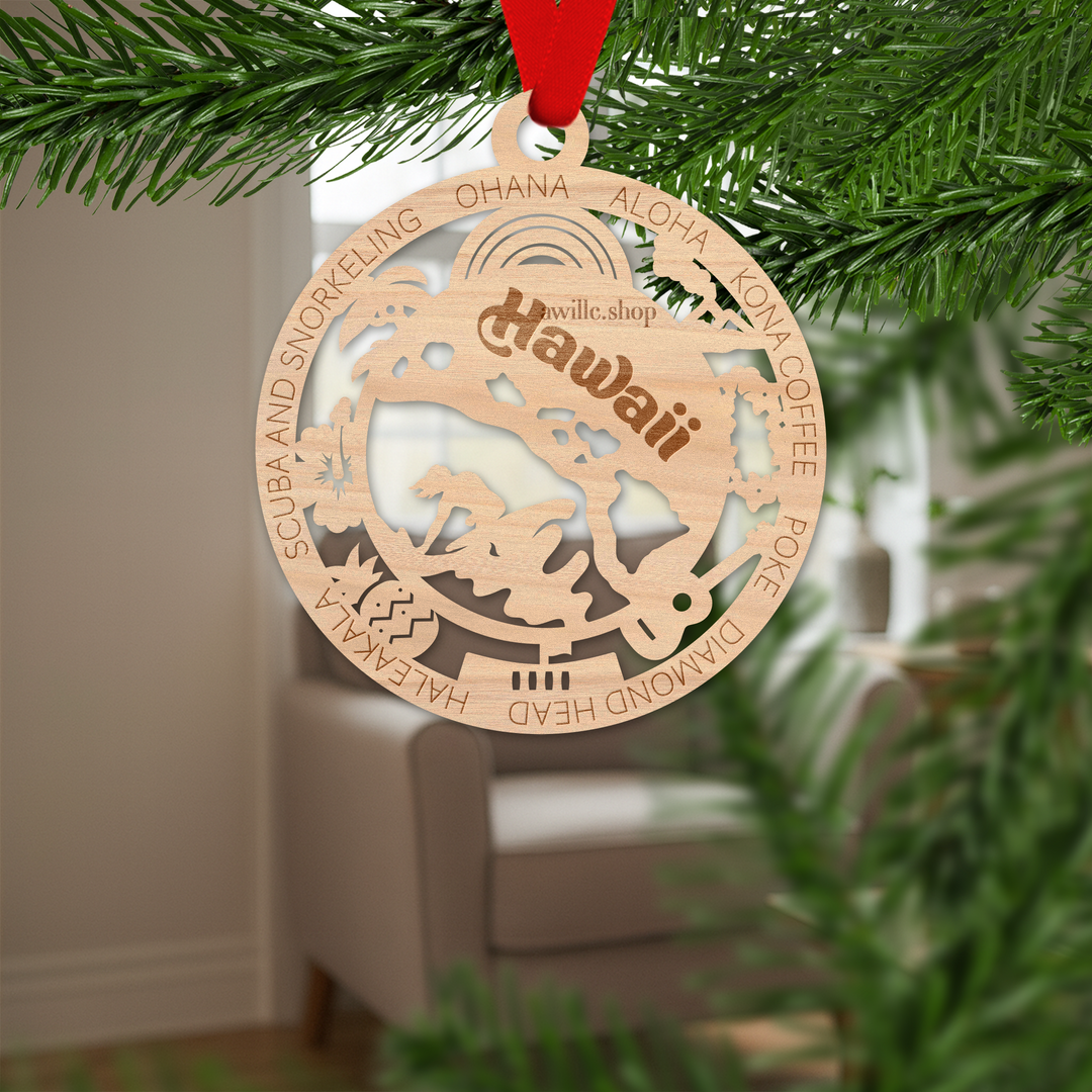 Hawaii state single layer wood ornament, laser engraved as a rustic keepsake gift