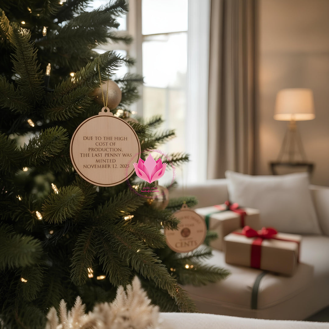 Decorative keepsake ornament showcasing a real U.S. penny set into an engraved round design commemorating American currency history.