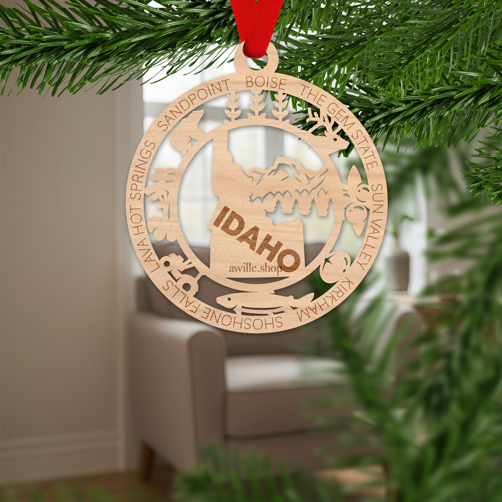 Idaho state single layer wood ornament, laser engraved as a rustic keepsake gift