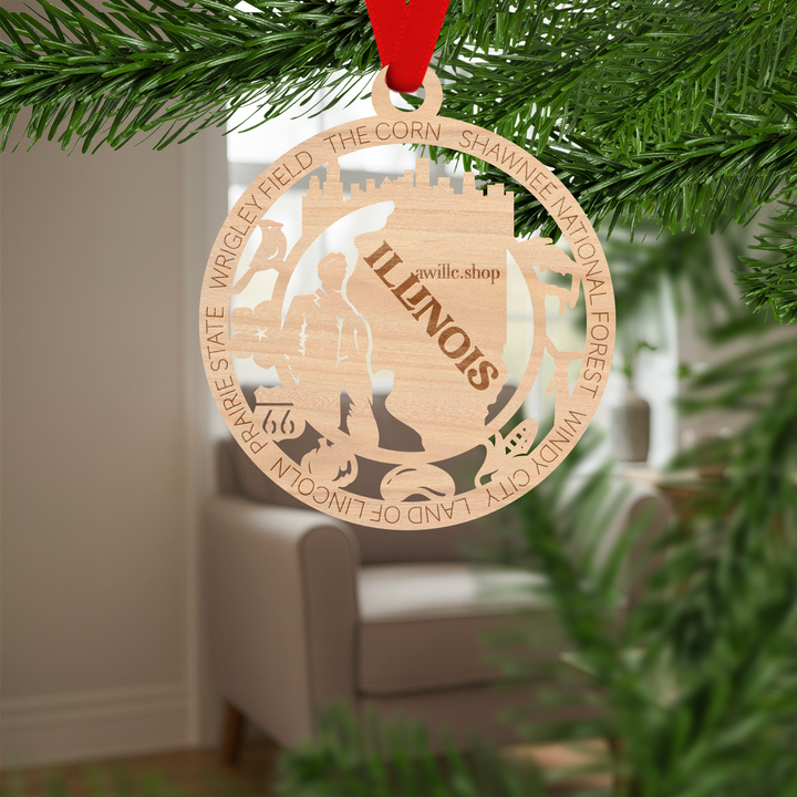 Illinois state single layer wood ornament, laser engraved as a rustic keepsake gift