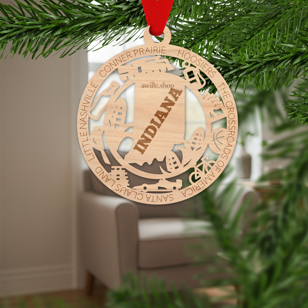 Indiana state single layer wood ornament, laser engraved as a rustic keepsake gift