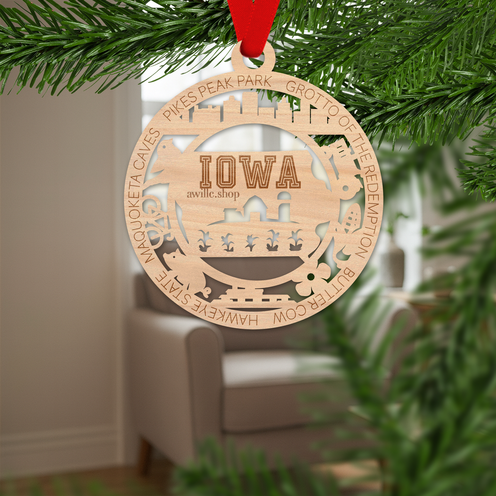 Iowa state single layer wood ornament, laser engraved as a rustic keepsake gift