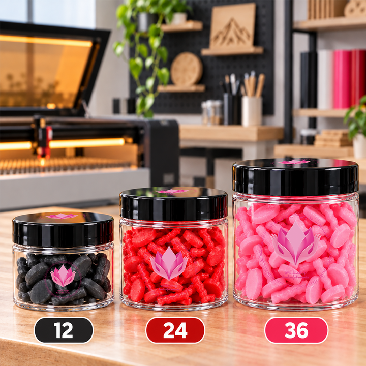 Three clear jars of black, red and pink 3D printed laser bed pins with black lids, shown above labels reading 12, 24 and 36 in a maker workspace.