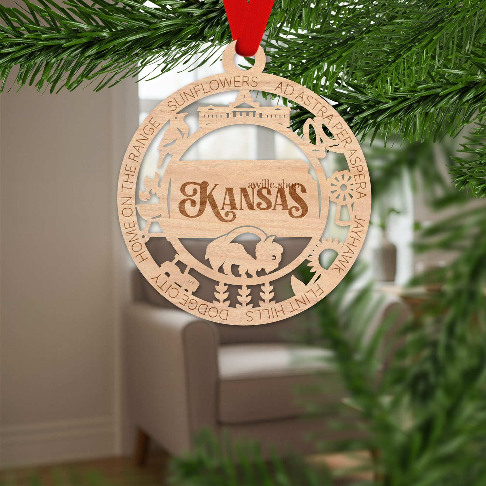 Kansas state single layer wood ornament, laser engraved as a rustic keepsake gift