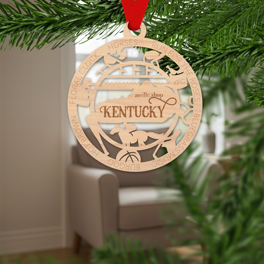 Kentucky state single layer wood ornament, laser engraved as a rustic keepsake gift