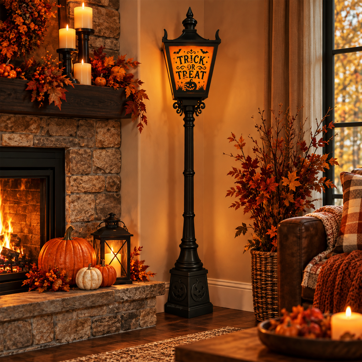 Black Halloween lamp post with an orange Trick or Treat panel and pumpkin base, standing in a corner beside a fall-decorated fireplace.
