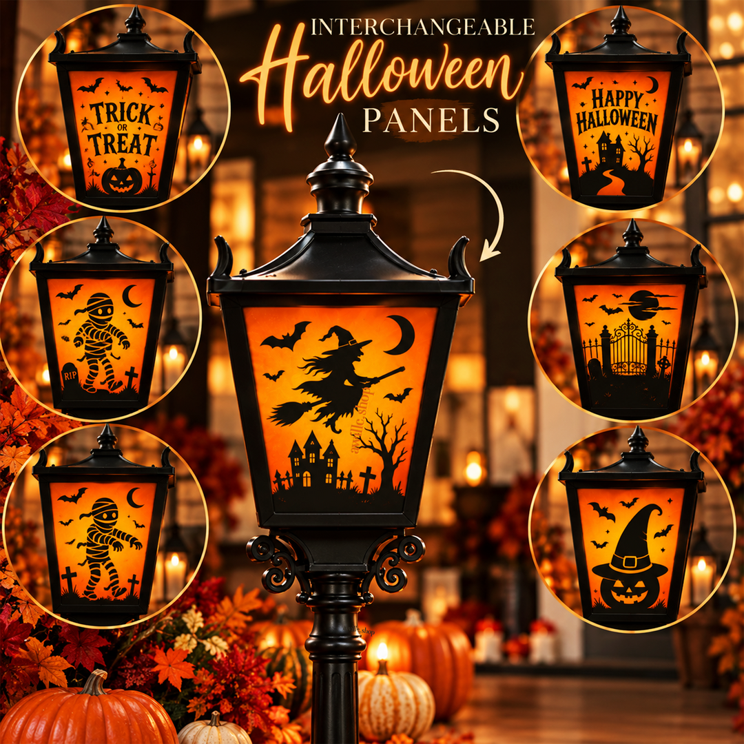 Interchangeable Halloween lamp post panels featuring a witch, mummies, haunted house, cemetery and jack-o&