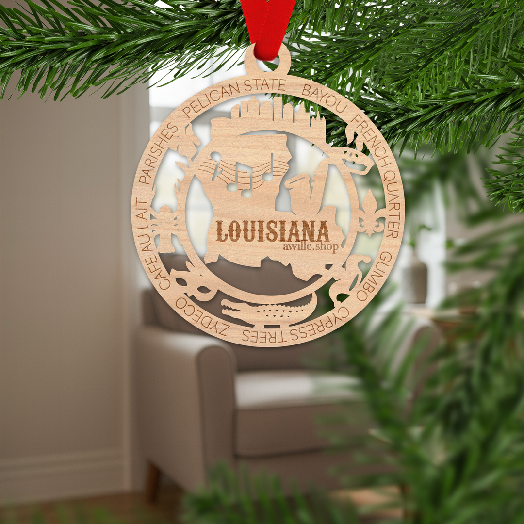 Louisiana state single layer wood ornament, laser engraved as a rustic keepsake gift