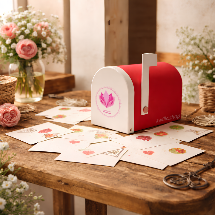 Red kids mailbox with floral design on a wooden table with cards and flowers. 3D Printed.