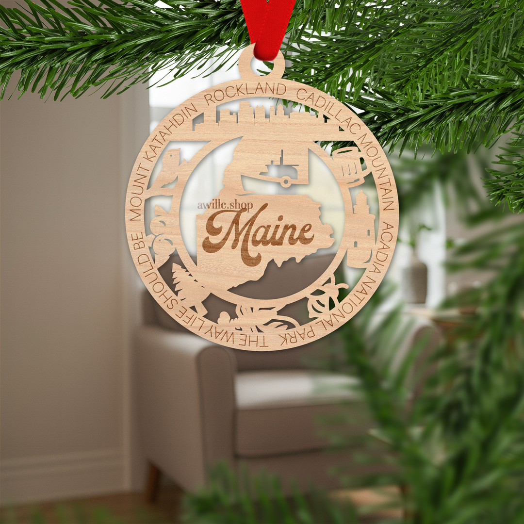 Maine state single layer wood ornament, laser engraved as a rustic keepsake gift