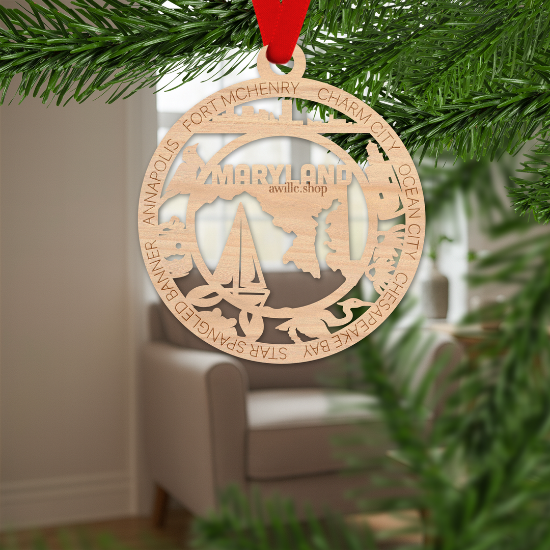 Maryland state single layer wood ornament, laser engraved as a rustic keepsake gift