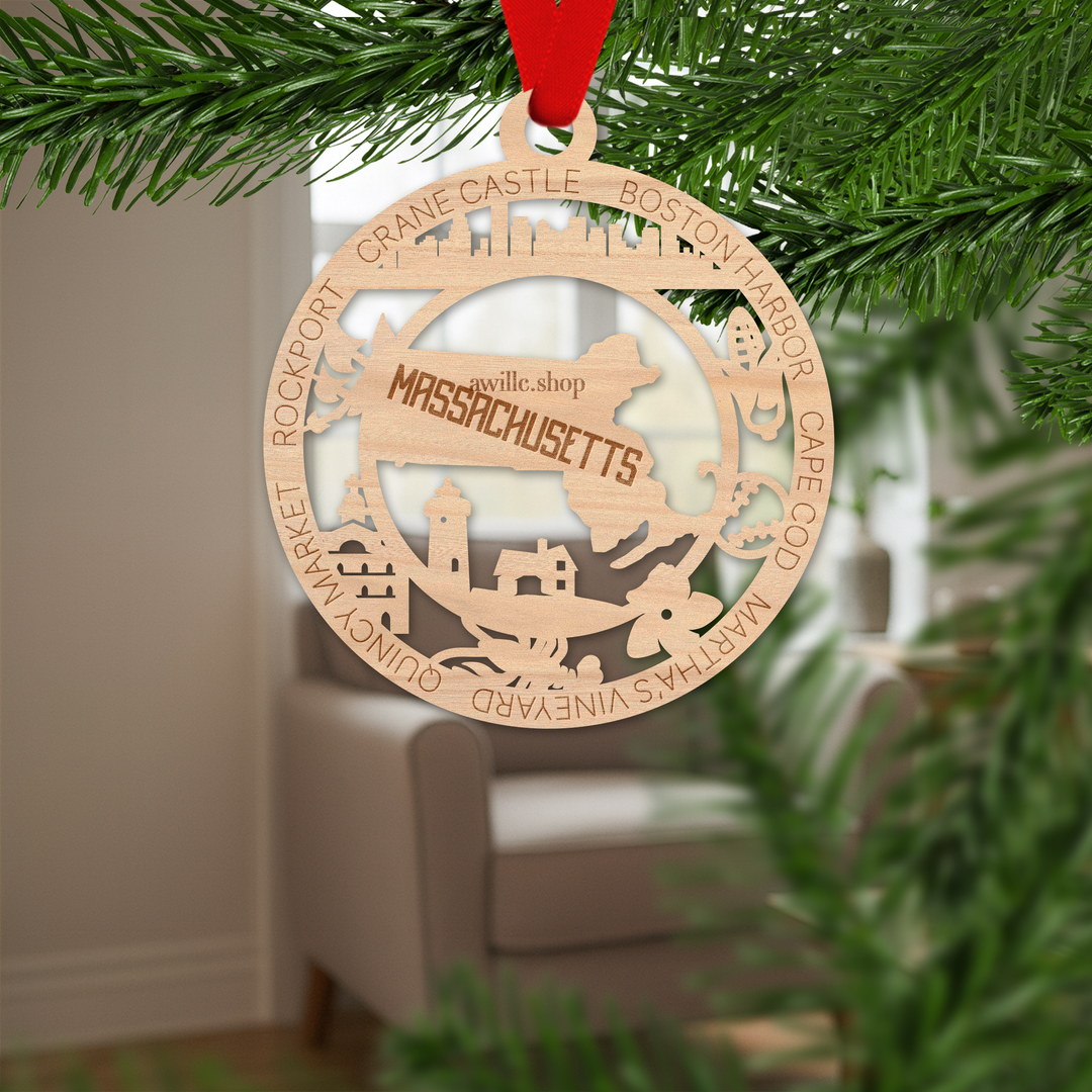 Massachusetts state single layer wood ornament, laser engraved as a rustic keepsake gift