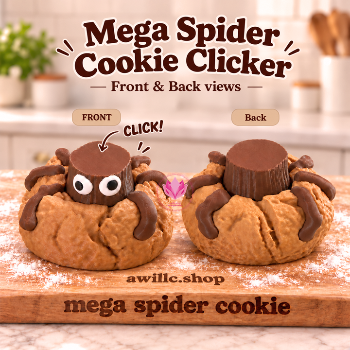 Front and back views of a cookie-shaped spider clicker with a golden base, brown legs, a round brown clicker top, and large eyes.