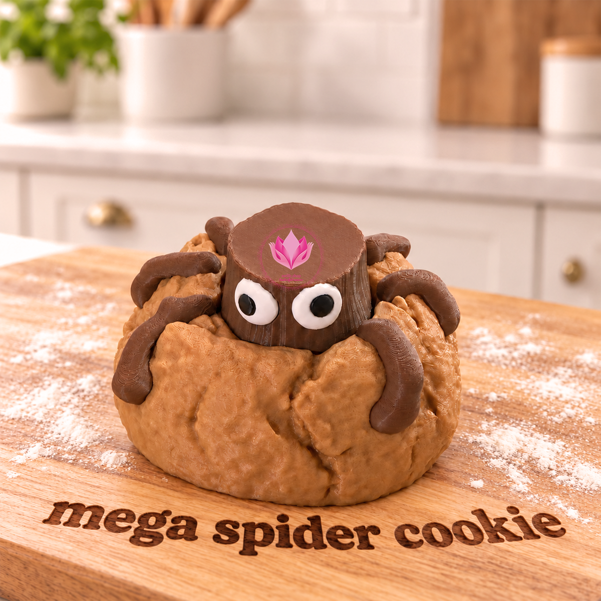 Mega Spider Cookie Clicker featuring a golden cookie-inspired base, brown spider legs, a round brown top, and white-and-black eyes.