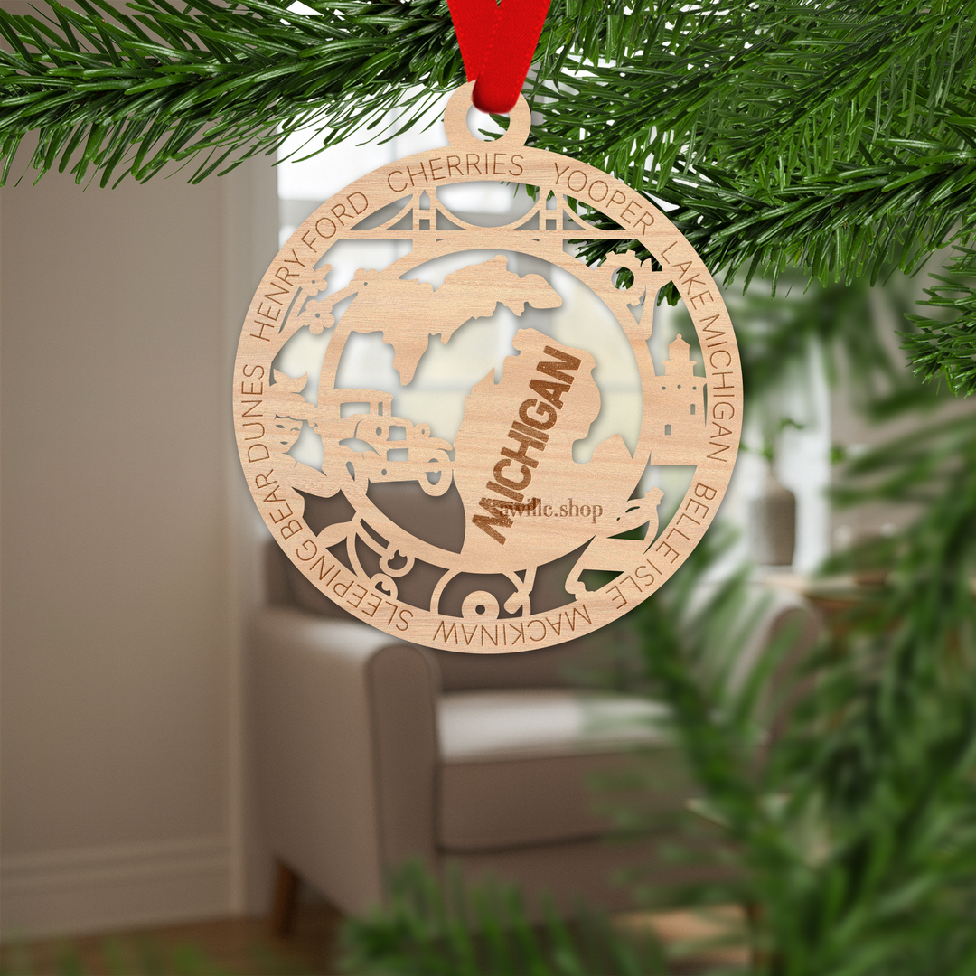 Michigan state single layer wood ornament, laser engraved as a rustic keepsake gift
